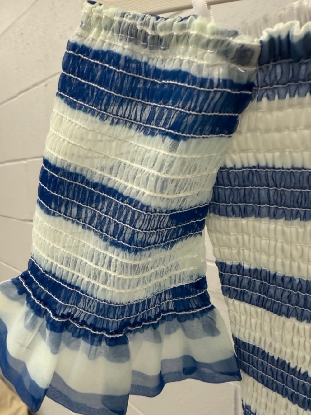 💙 STAUD Doric Crop Top XS Painted Smocked Off Shoulder Blue White Stripe - Picture 6 of 8